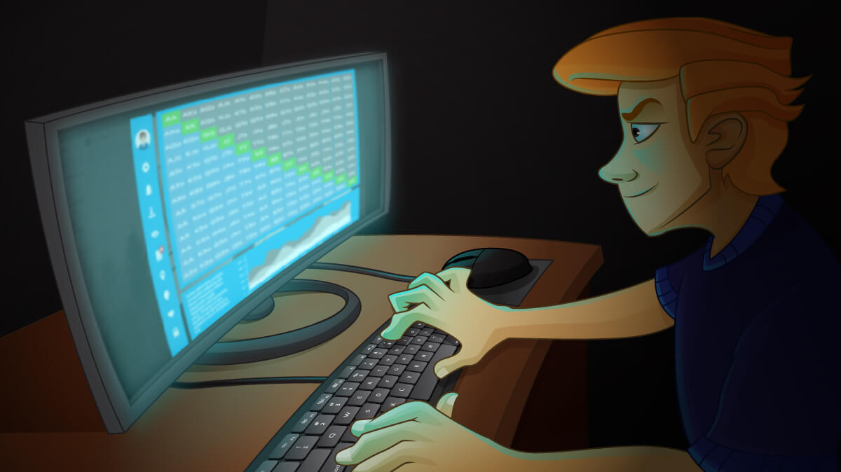 Pokerspieler vor einem Computer, der Software zur Range-Analyse verwendet